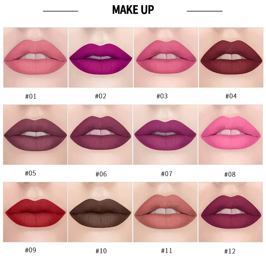 Rouges à lèvres mats 12 couleurs, longue tenue, waterproof, hautement pigmentés, fini velours, maquillage classique sans bavures