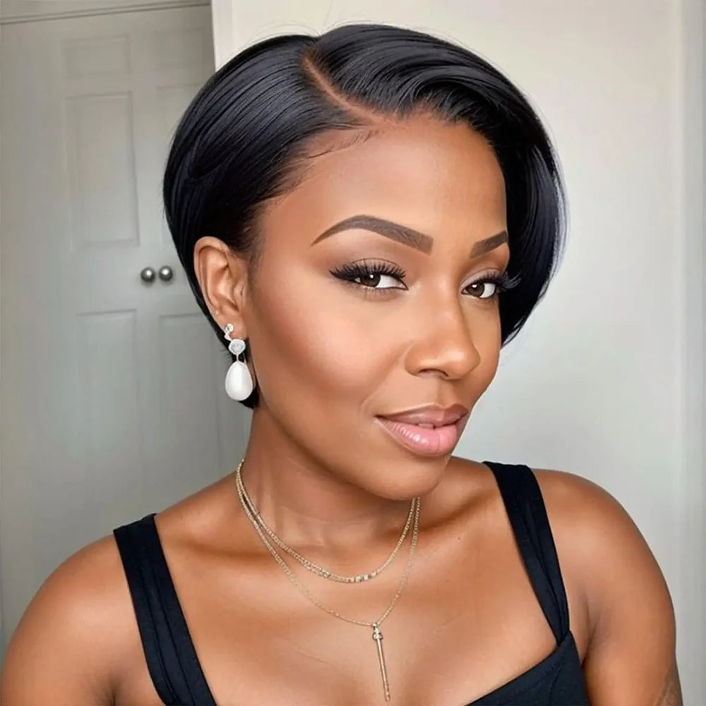 Perruque courte coupe Pixie, cheveux humains, coupe Bob, dentelle transparente, raie sur le côté, pour femmes, 13x4