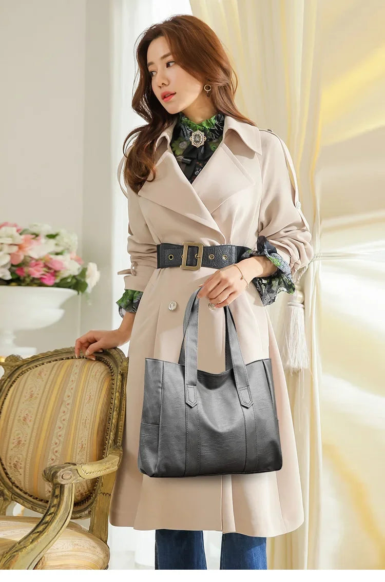 Grand sac cartable en cuir souple pour femme, classique, couleur unie, simple, décontracté, grande capacité, fourre-tout, sac à bandoulière simple