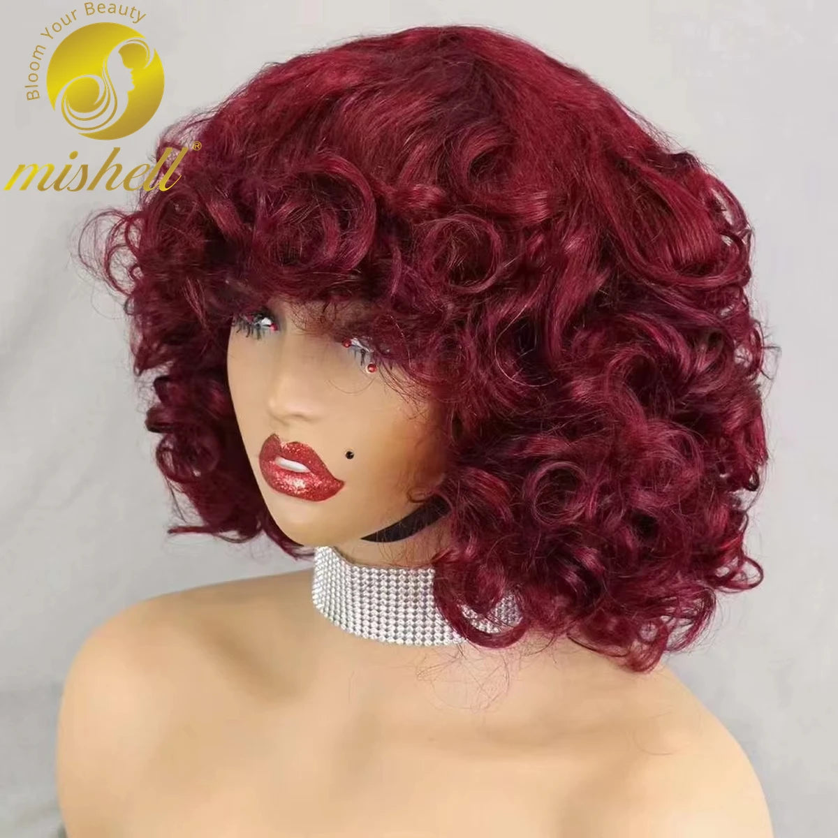 Perruques de cheveux humains bouclés et rebondissants bordeaux 99J #, densité 200 %, avec frange, courtes, bouclées et lâches, fabriquées à la machine, pré-épilées pour femmes