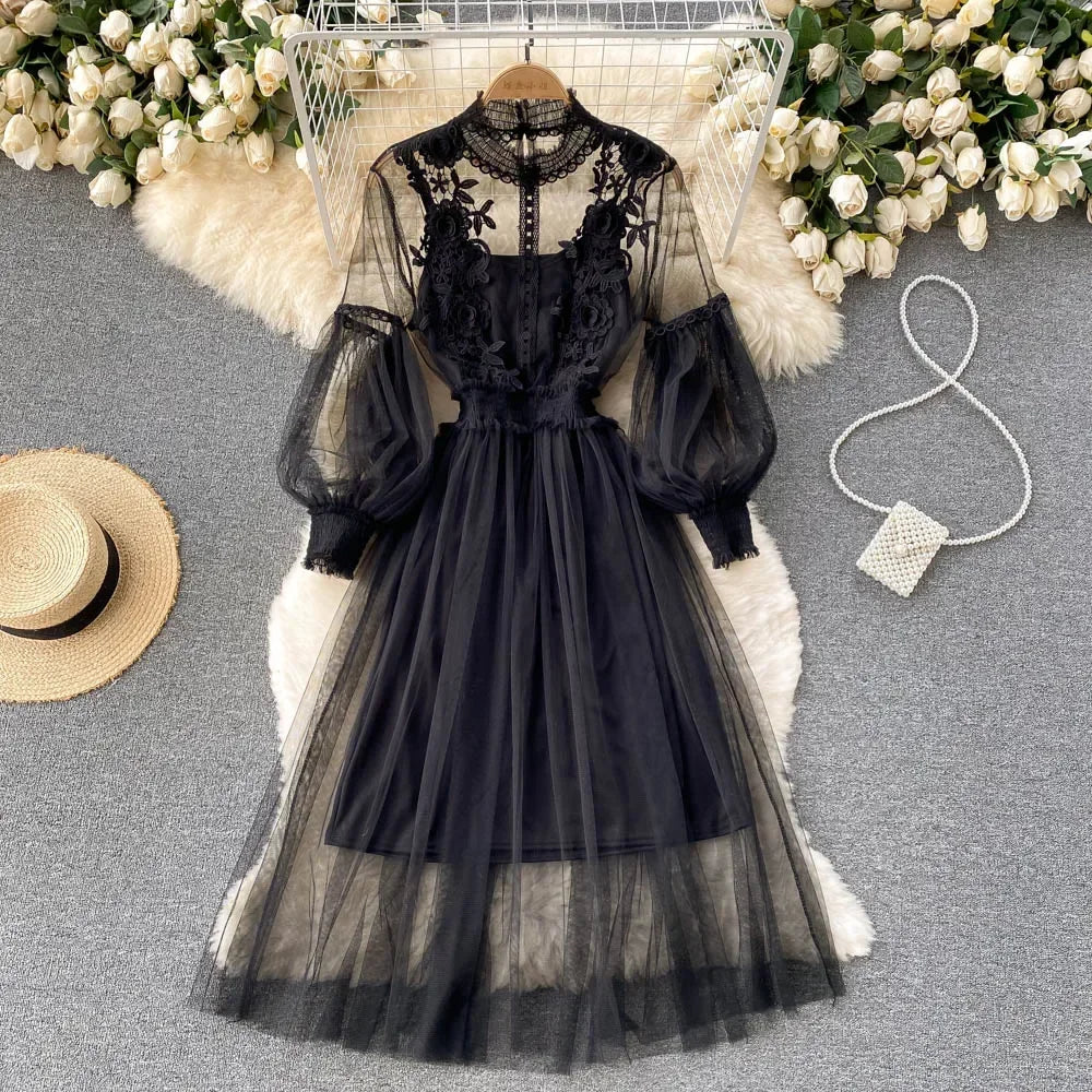 Robe pour femme, motif floral tridimensionnel, col montant, manches lanternes, taille haute, coupe ajustée