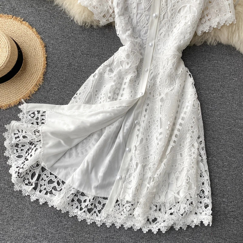 Robe vintage française en dentelle à col rond et manches courtes, style décontracté, à la mode, printemps/été