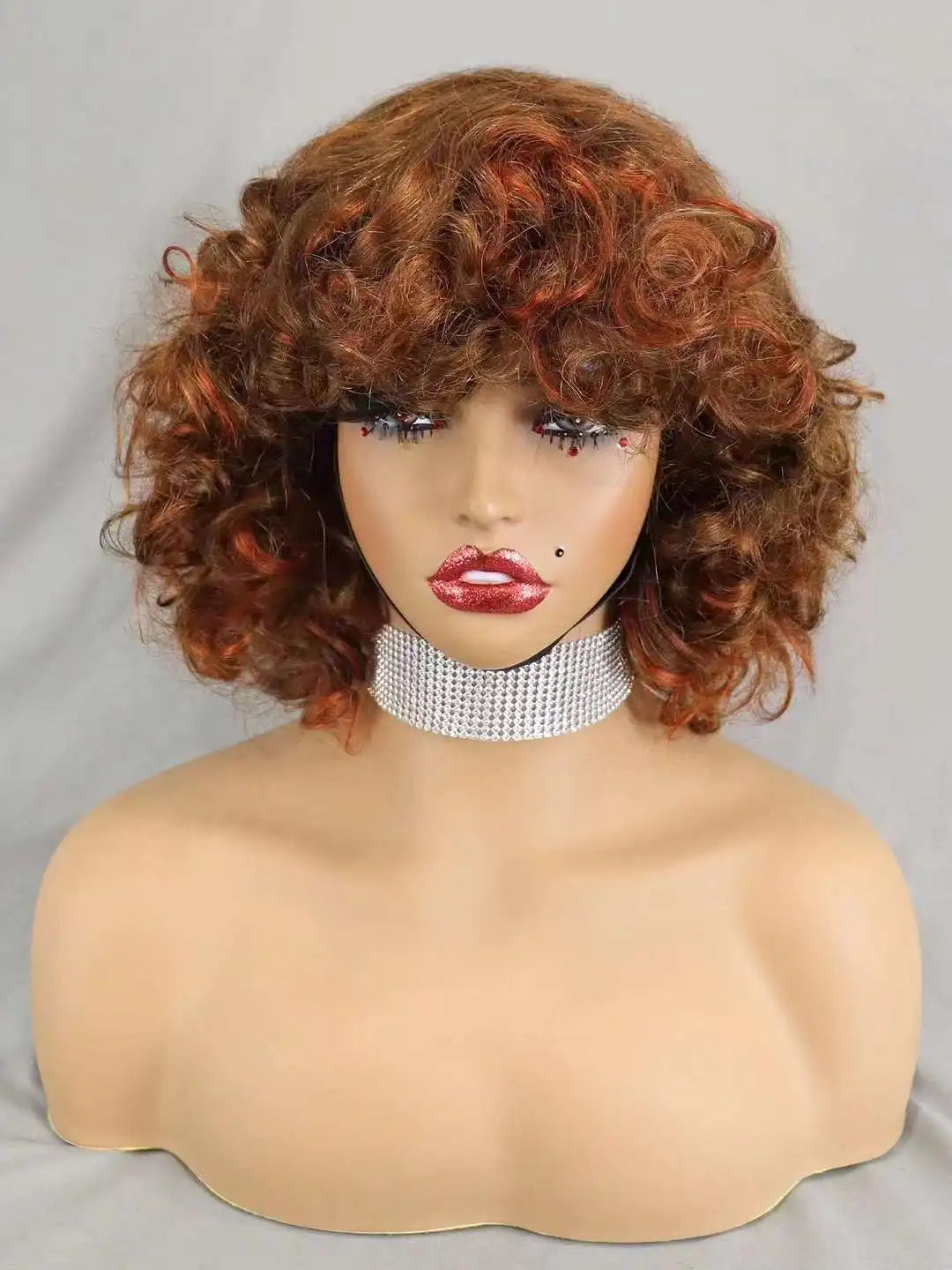 Perruques de cheveux humains bouclés et rebondissants bordeaux 99J #, densité 200 %, avec frange, courtes, bouclées et lâches, fabriquées à la machine, pré-épilées pour femmes