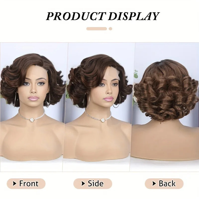 Perruque en dentelle synthétique multicolore pour femme, cheveux courts bouclés, raie 4 x 1, brun clair, base en dentelle suisse, boucles françaises, ondulations naturelles