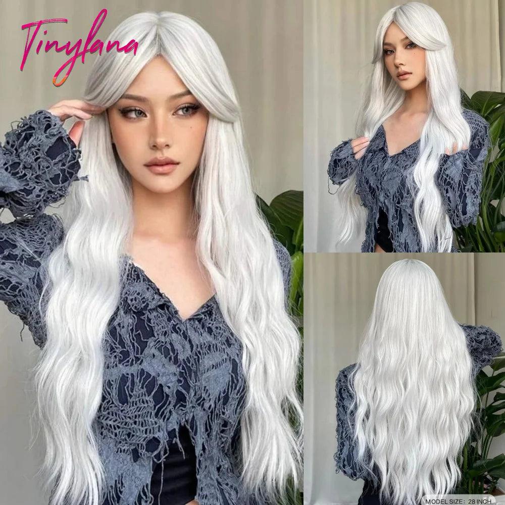 Perruques synthétiques longues bouclées gris cendré platine avec frange pour femmes, perruque afro ondulée profonde, perruque Lolita Cosplay, cheveux naturels résistants à la chaleur