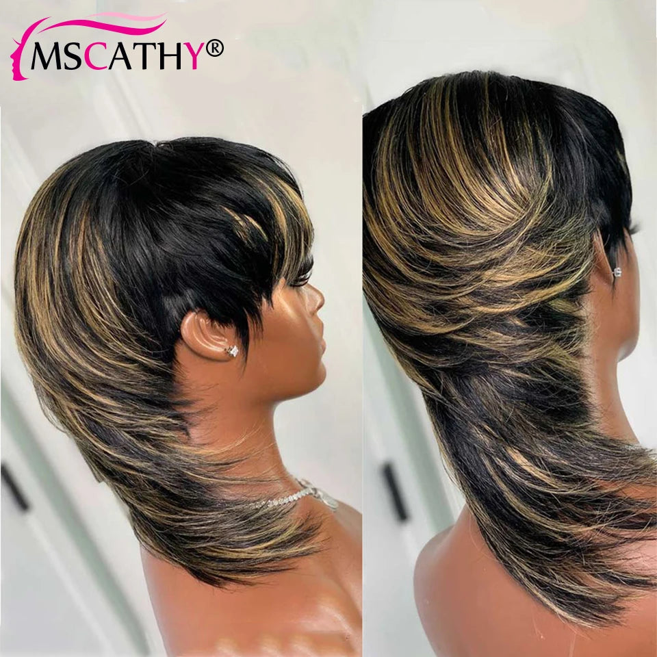 Perruques en cheveux humains ondulés, coupe courte Pixie, sans colle, fabriquées à la machine, avec queue d'aronde, pour femmes