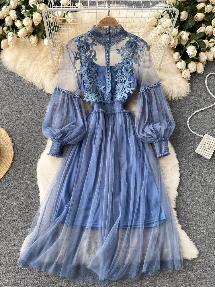 Robe pour femme, motif floral tridimensionnel, col montant, manches lanternes, taille haute, coupe ajustée