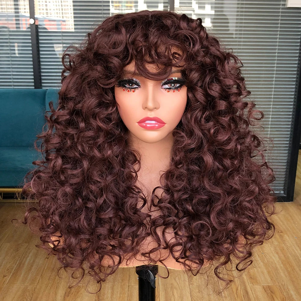 Perruque synthétique longue et bouclée avec frange pour femme, cheveux roux roux, style naturel, résistant à la chaleur, style cosplay, Hihoo