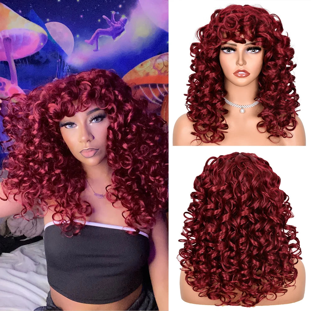 Perruque synthétique longue et bouclée avec frange pour femme, cheveux roux roux, style naturel, résistant à la chaleur, style cosplay, Hihoo