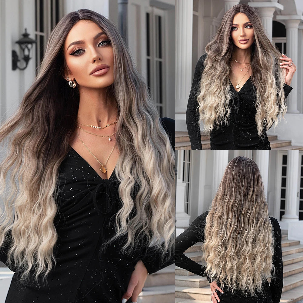 Perruques synthétiques longues bouclées gris cendré platine avec frange pour femmes, perruque afro ondulée profonde, perruque Lolita Cosplay, cheveux naturels résistants à la chaleur