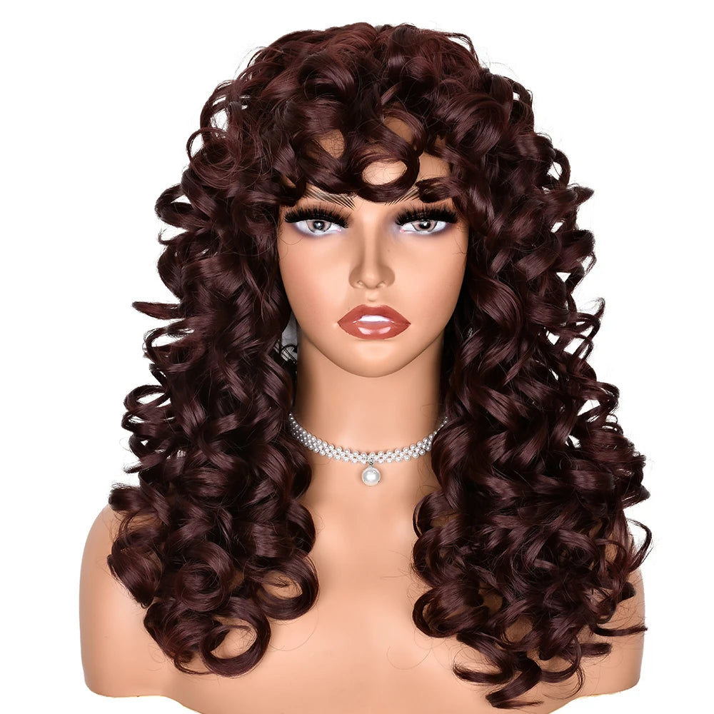 Perruque synthétique longue et bouclée avec frange pour femme, cheveux roux roux, style naturel, résistant à la chaleur, style cosplay, Hihoo