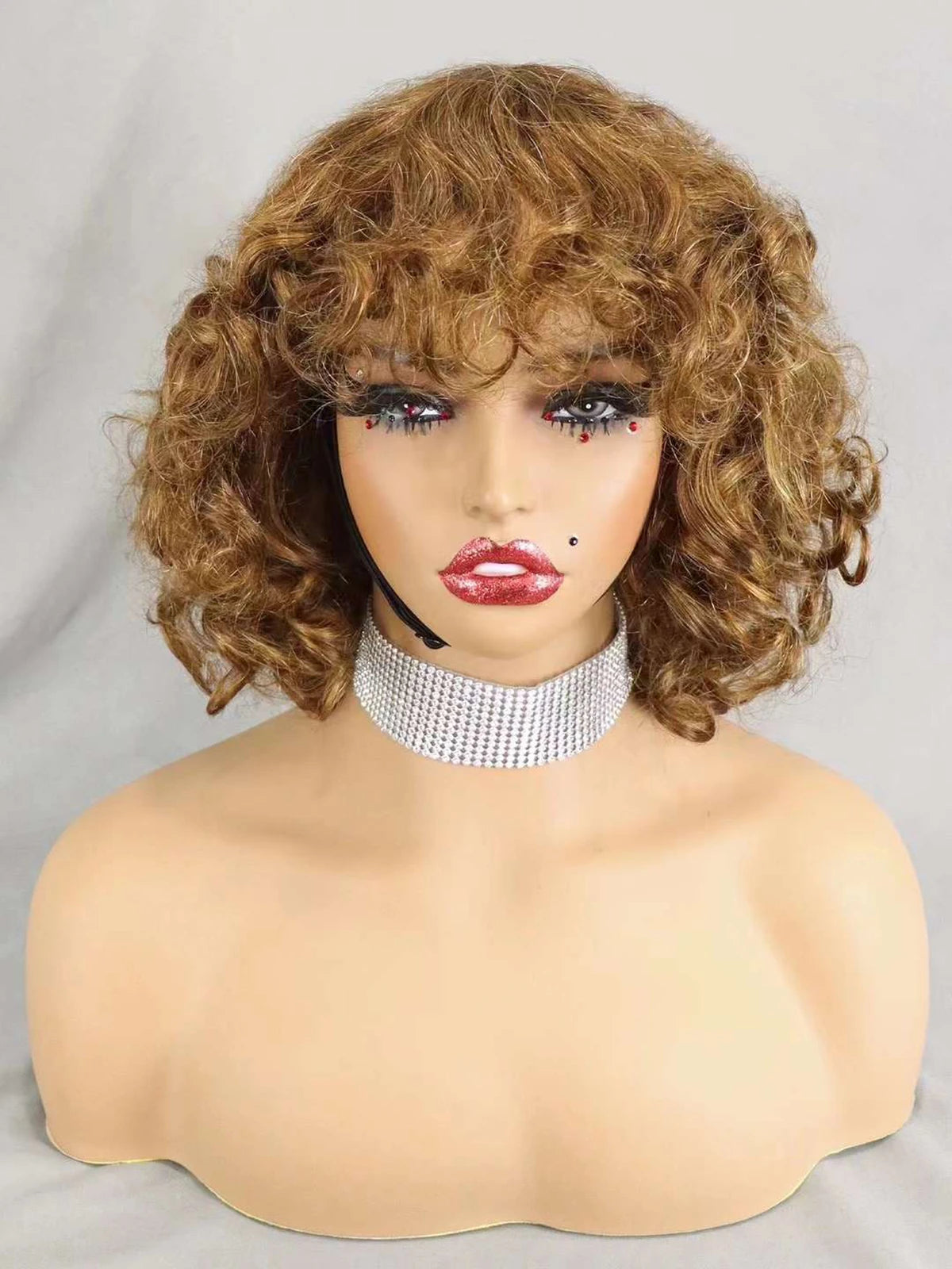 Perruques de cheveux humains bouclés et rebondissants bordeaux 99J #, densité 200 %, avec frange, courtes, bouclées et lâches, fabriquées à la machine, pré-épilées pour femmes
