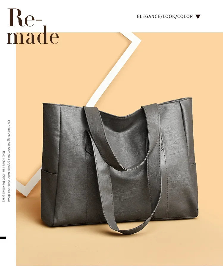 Grand sac cartable en cuir souple pour femme, classique, couleur unie, simple, décontracté, grande capacité, fourre-tout, sac à bandoulière simple