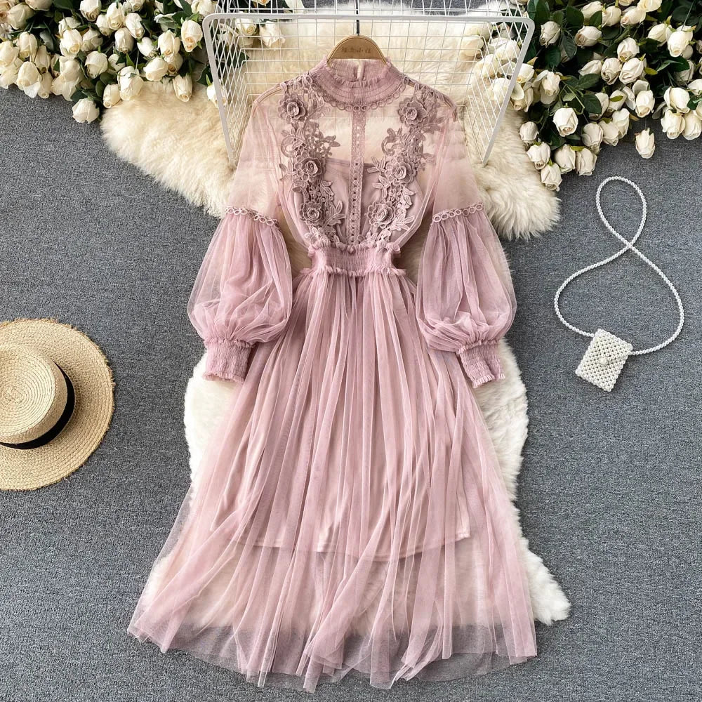 Robe pour femme, motif floral tridimensionnel, col montant, manches lanternes, taille haute, coupe ajustée