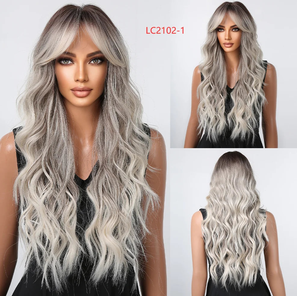Perruques synthétiques longues bouclées gris cendré platine avec frange pour femmes, perruque afro ondulée profonde, perruque Lolita Cosplay, cheveux naturels résistants à la chaleur