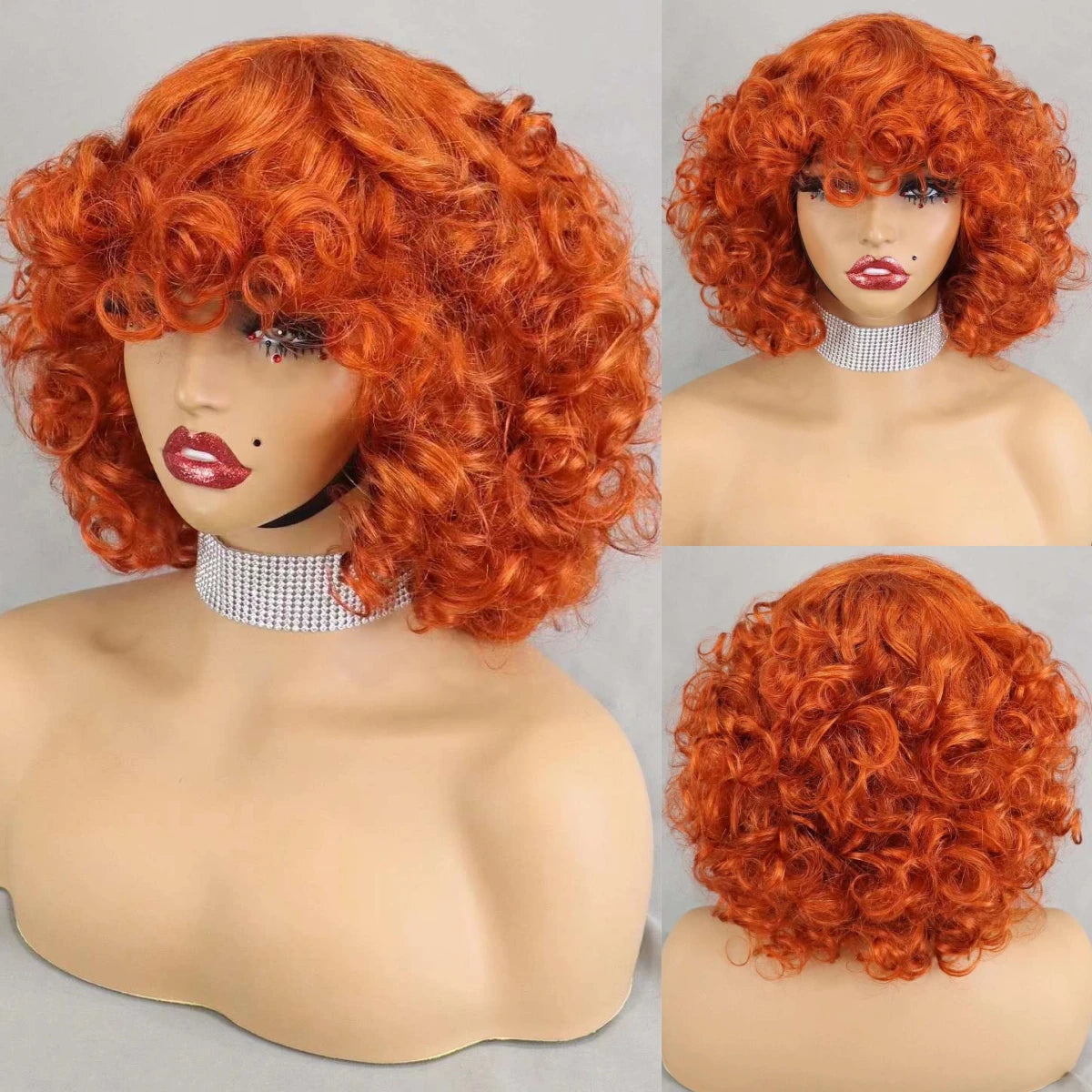 Perruques de cheveux humains bouclés et rebondissants bordeaux 99J #, densité 200 %, avec frange, courtes, bouclées et lâches, fabriquées à la machine, pré-épilées pour femmes