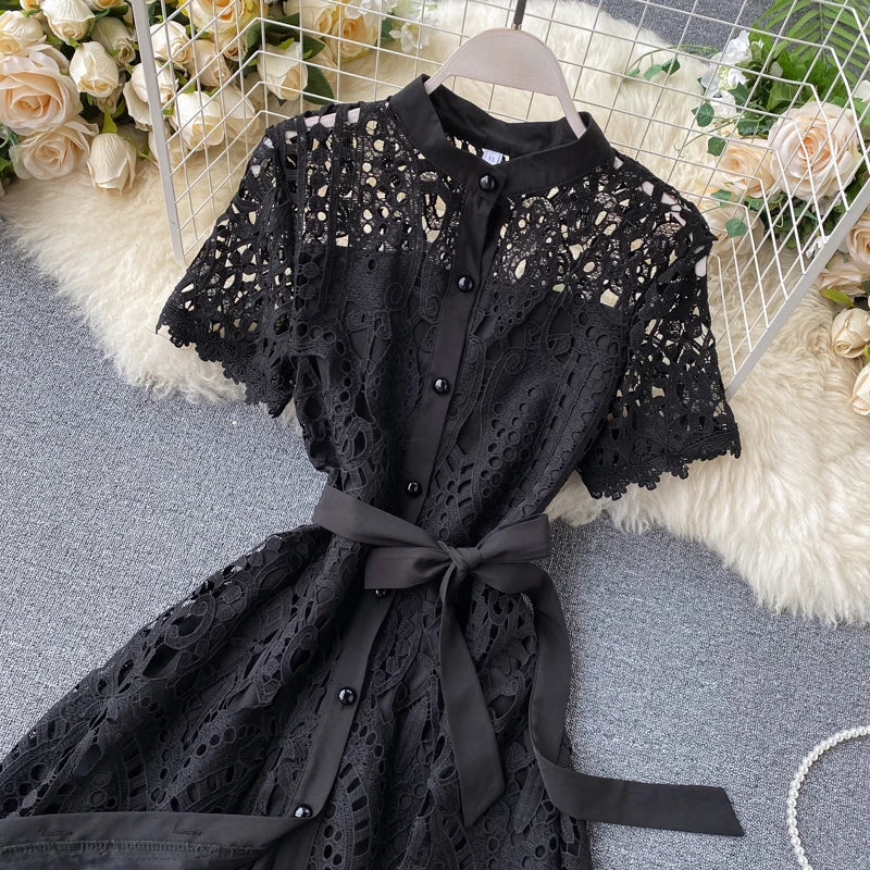 Robe vintage française en dentelle à col rond et manches courtes, style décontracté, à la mode, printemps/été