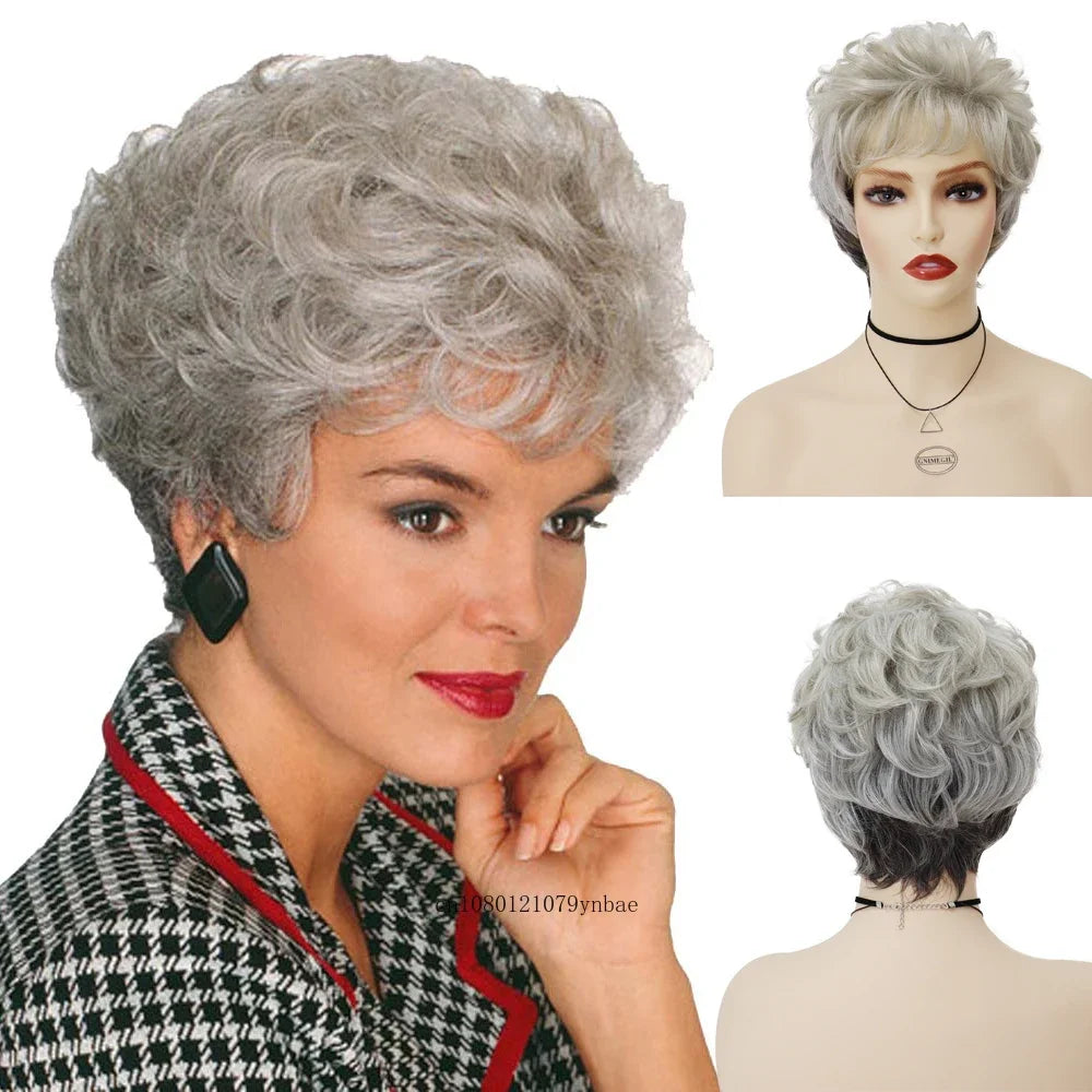 Perruques de vieille dame pour femmes, perruque synthétique blanche de grand-mère avec frange, perruque courte bouclée coupe lutin, costume quotidien résistant à la chaleur