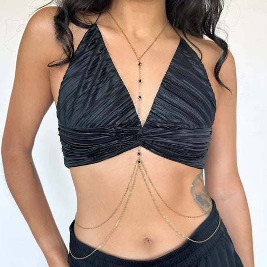 Rave – Chaîne de soutien-gorge ronde noire en cristal pour femme, accessoire de corps, simple, strass, sexy, chaîne de poitrine, lingerie, bijoux de fête, 2024