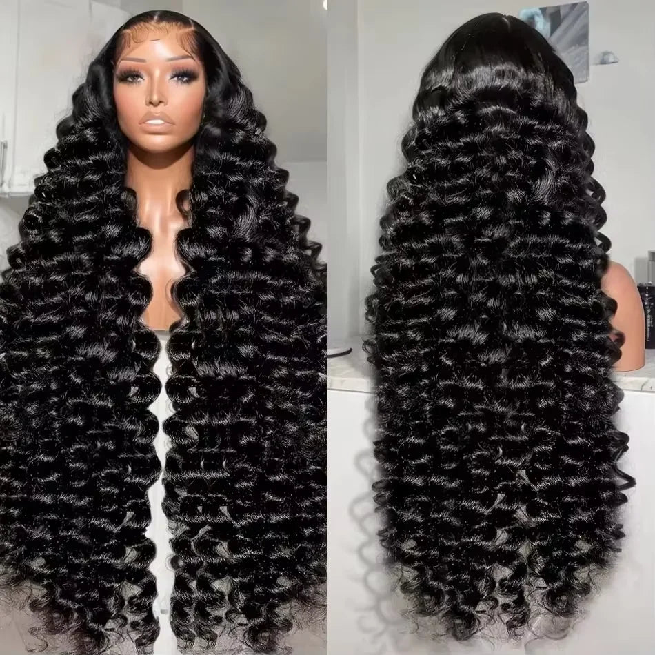 Perruque brésilienne ondulée de 30 à 32 pouces, cheveux humains bouclés, perruque frontale en dentelle HD 13x6, perruque frontale ondulée profonde pour femmes