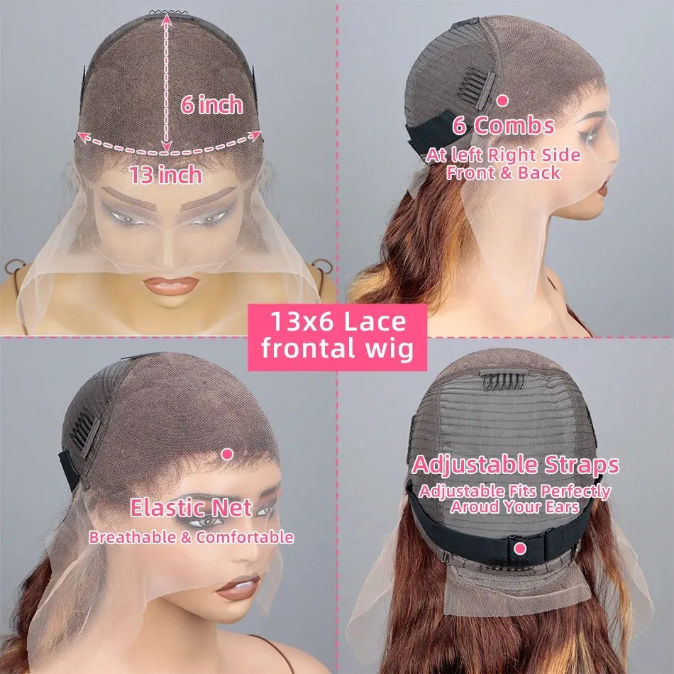 Perruque de cheveux humains bouclés avec dentelle frontale, 30 pouces, effet ondulé, brun, ombré, HD, 427