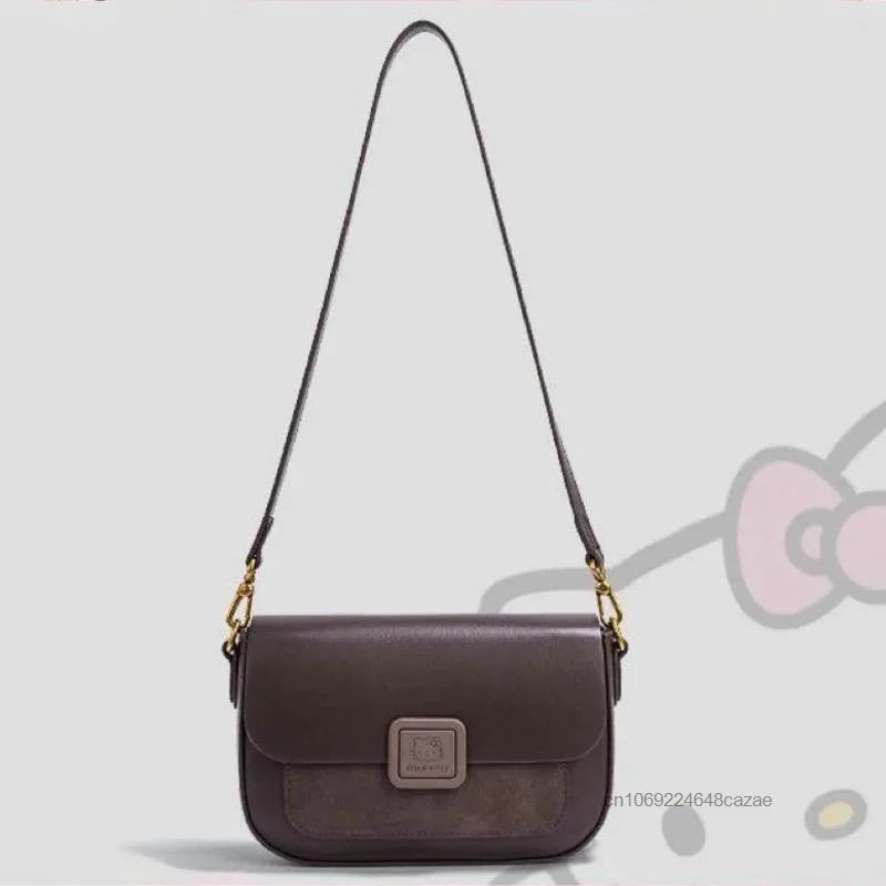 Sanrio Hello Kitty 2025 Nouveau sac à main carré en cuir souple pour femme, petit sac à main polyvalent de luxe marron clair