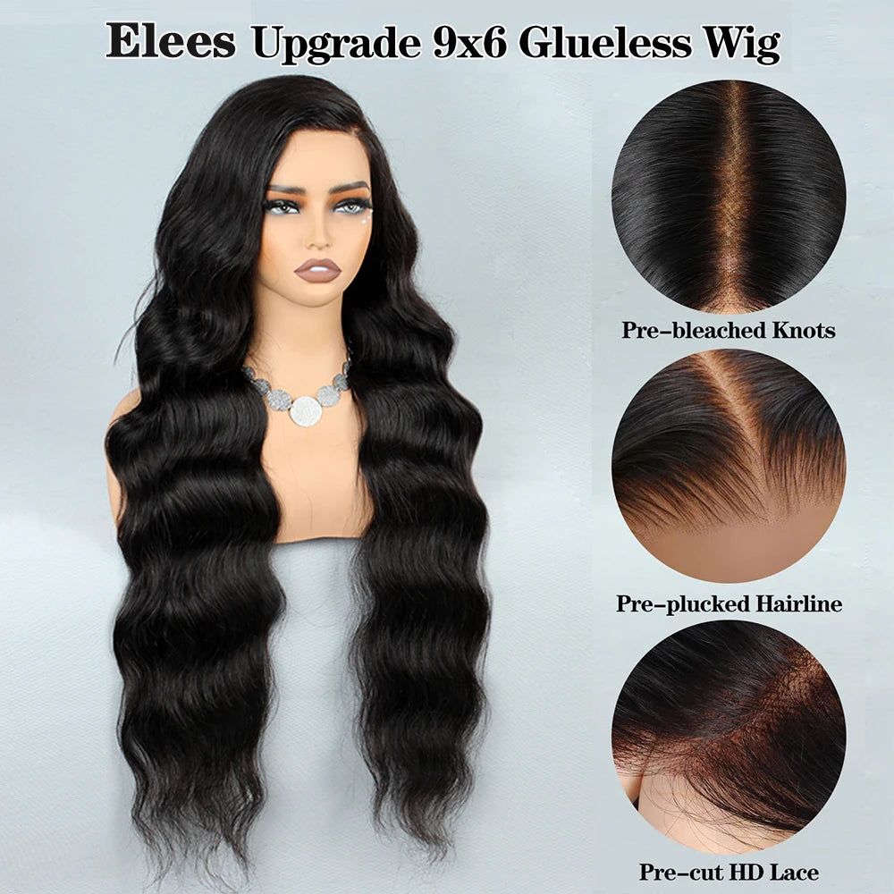 Perruques sans colle 9x6 Wear and Go en cheveux humains pré-épilés, pré-coupés, dentelle frontale 1B/30, mèches ombrées, ondulées