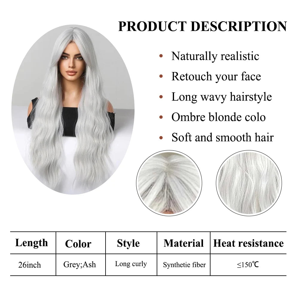 Perruques synthétiques longues bouclées gris cendré platine avec frange pour femmes, perruque afro ondulée profonde, perruque Lolita Cosplay, cheveux naturels résistants à la chaleur