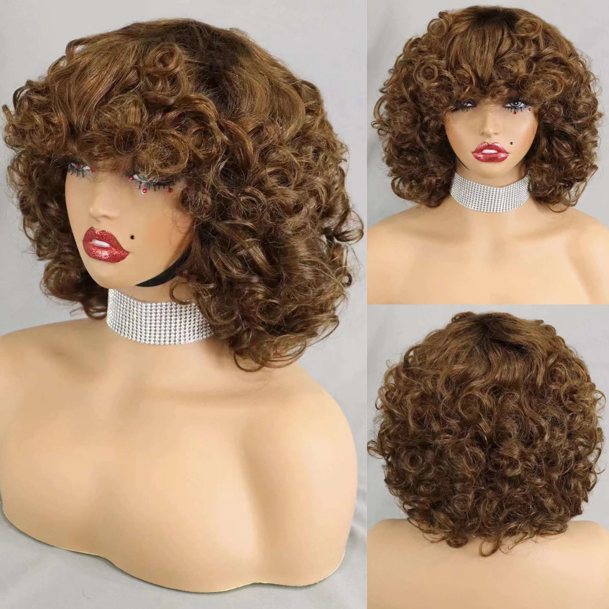 Perruques de cheveux humains bouclés et rebondissants bordeaux 99J #, densité 200 %, avec frange, courtes, bouclées et lâches, fabriquées à la machine, pré-épilées pour femmes