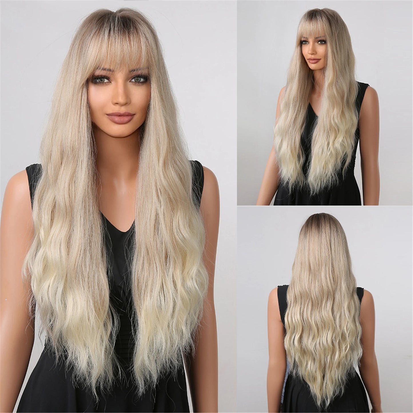 Perruques synthétiques longues bouclées gris cendré platine avec frange pour femmes, perruque afro ondulée profonde, perruque Lolita Cosplay, cheveux naturels résistants à la chaleur