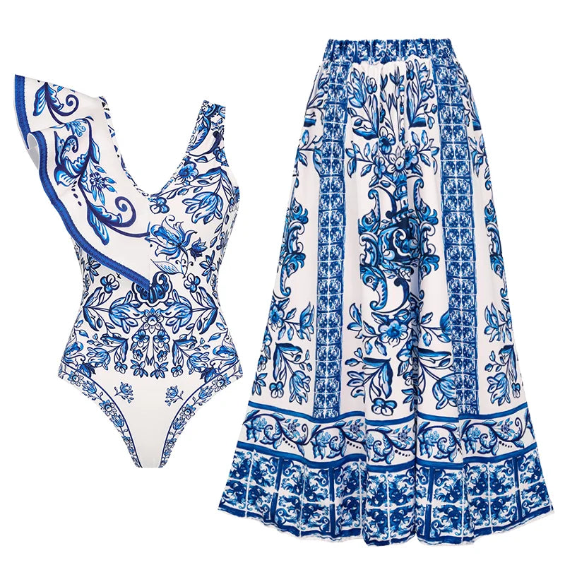 Maillot de bain et paréo imprimé vintage Flaxmaker 2025 pour femmes, élégant, sans manches, pour l'été