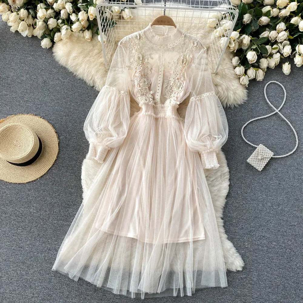 Robe pour femme, motif floral tridimensionnel, col montant, manches lanternes, taille haute, coupe ajustée