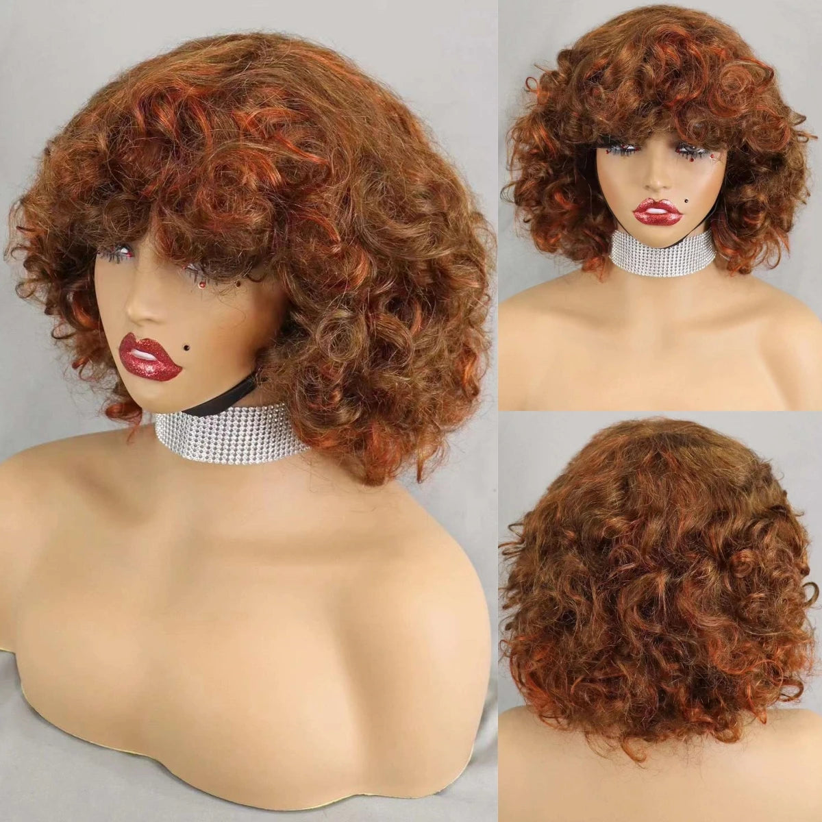 Perruques de cheveux humains bouclés et rebondissants bordeaux 99J #, densité 200 %, avec frange, courtes, bouclées et lâches, fabriquées à la machine, pré-épilées pour femmes