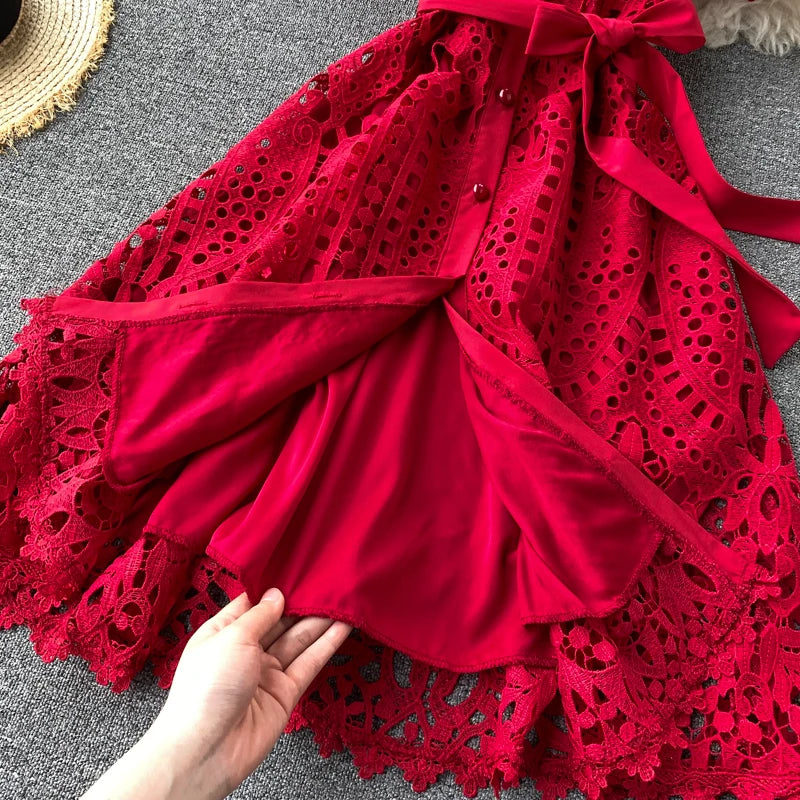 Robe vintage française en dentelle à col rond et manches courtes, style décontracté, à la mode, printemps/été