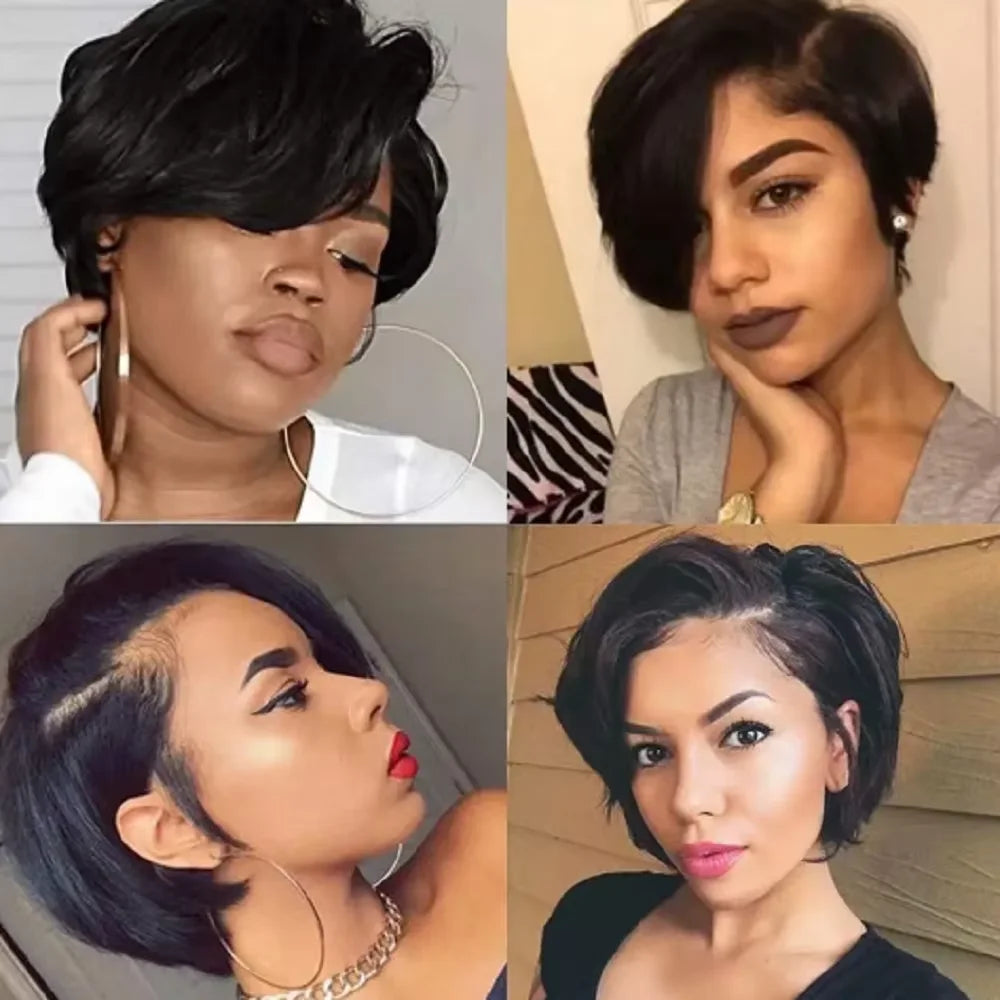 Perruque courte coupe Pixie, cheveux humains, coupe Bob, dentelle transparente, raie sur le côté, pour femmes, 13x4