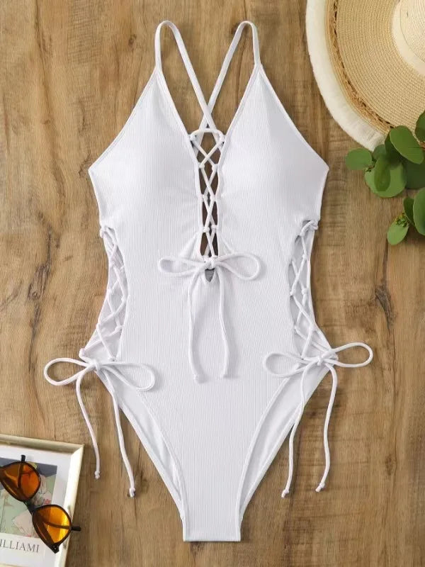 Aoaiiys Maillot de bain dos nu pour femme, monokini ajouré, lacé, string sexy, été 2025, plage, couleur unie, tendance