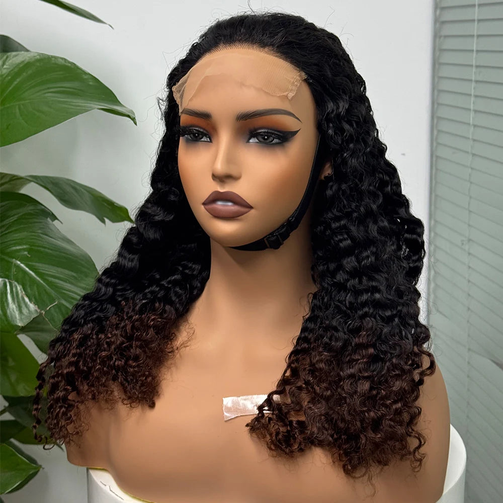 Perruque birmane bouclée ombrée 5x5, densité 300 %, cheveux humains à double trame, avec dentelle transparente sur le devant, pour femmes noires