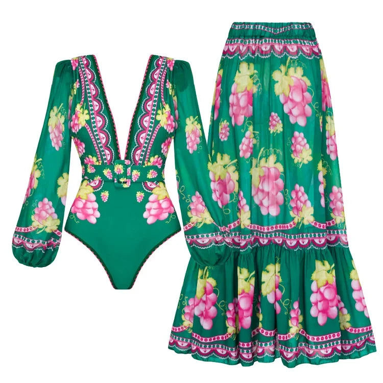 Maillot de bain une pièce à manches longues et jupe pour femme, imprimé vert jungle, 2025
