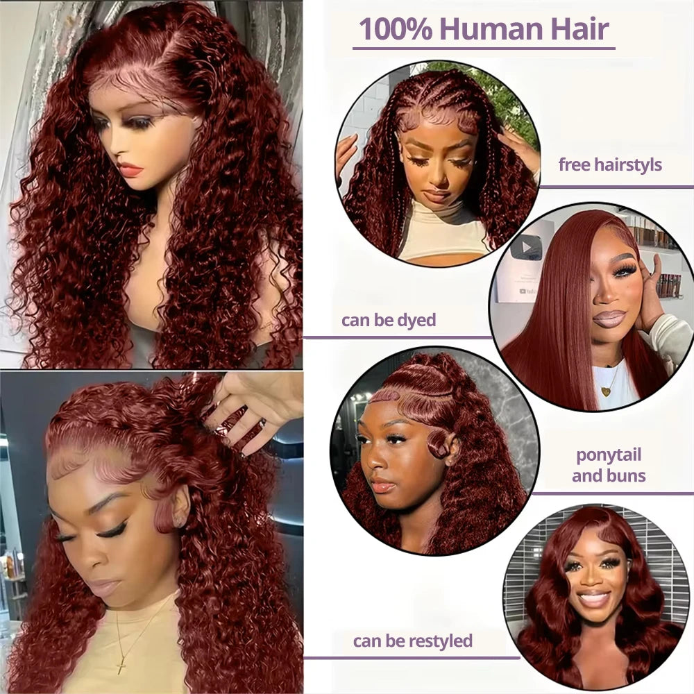 Perruque Lace Frontal Wig 220 % Deep Wave sans colle, cheveux humains bouclés, brun rougeâtre, 13x4, 7x5, pré-épilée, pré-coupée, pour femmes