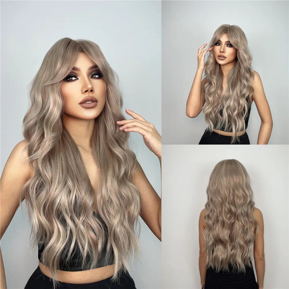 Perruques synthétiques longues ondulées bordeaux pour femmes, perruque rouge ombrée avec frange, faux cheveux naturels en fibre douce, résistante à la chaleur