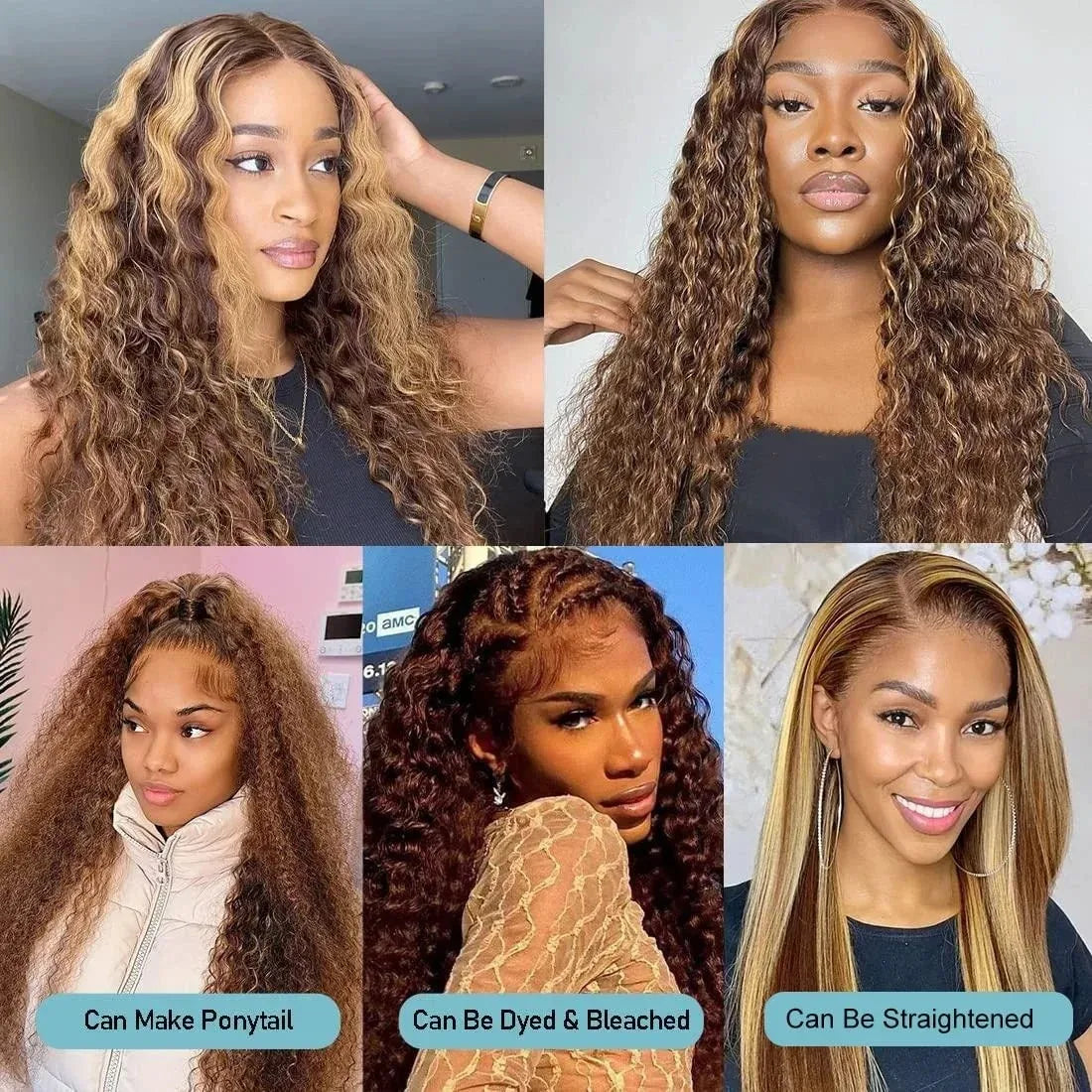 Perruque de cheveux humains bouclés avec dentelle frontale, 30 pouces, effet ondulé, brun, ombré, HD, 427