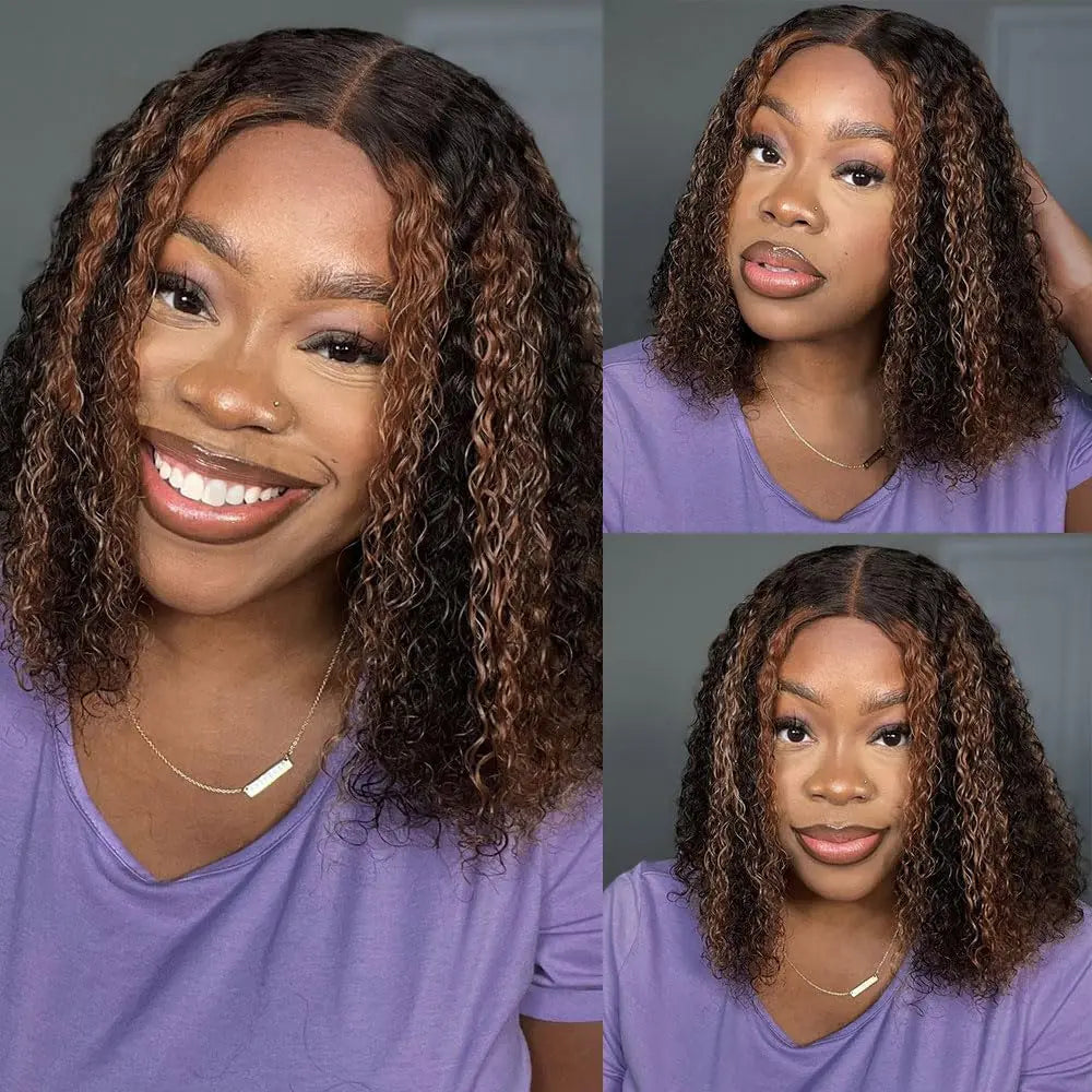 Perruques de cheveux humains courts bouclés sans colle, blond ombré, densité 250 %, perruques de princesse prêtes à porter avec dentelle frontale