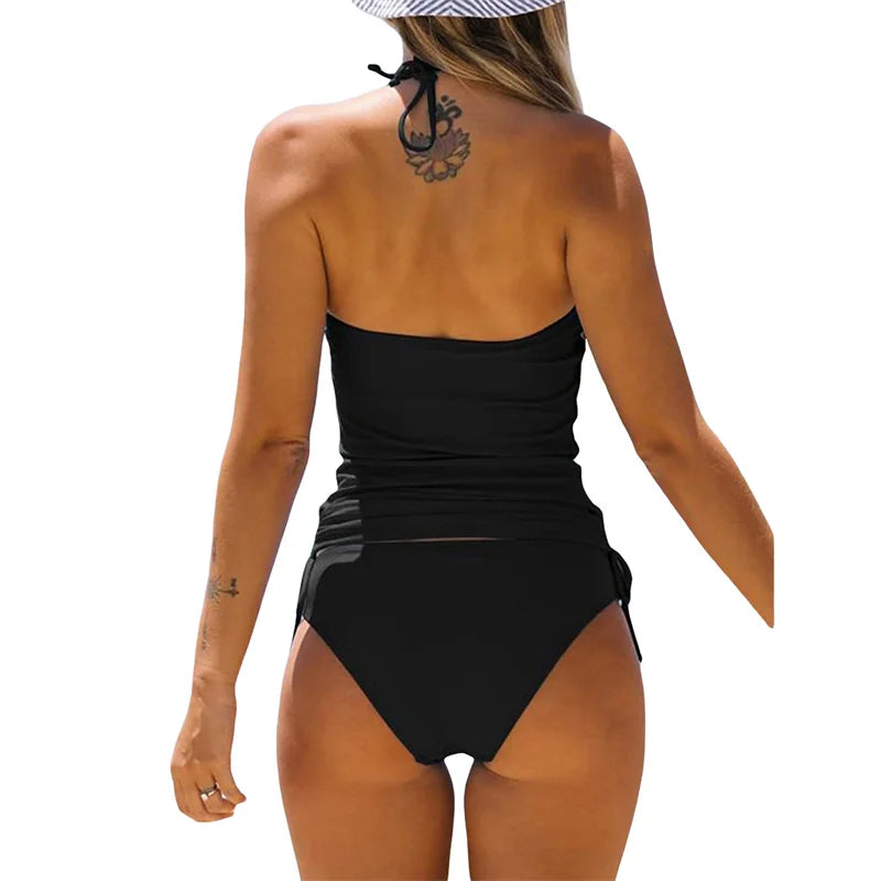 Lamuusaa 2024 Ensemble bikini femme Maillot de bain d'été Couleur unie/Imprimé léopard Haut sans manches et short taille haute Maillots de bain