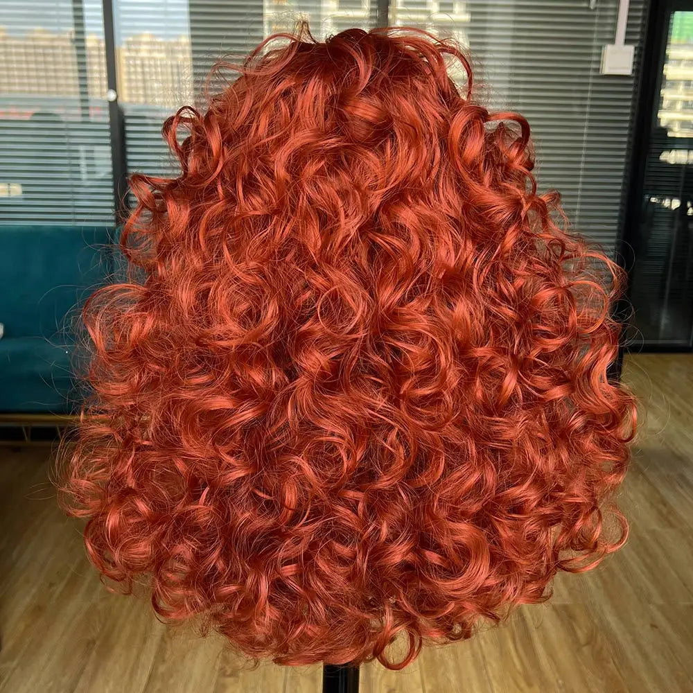 Perruque synthétique longue et bouclée avec frange pour femme, cheveux roux roux, style naturel, résistant à la chaleur, style cosplay, Hihoo