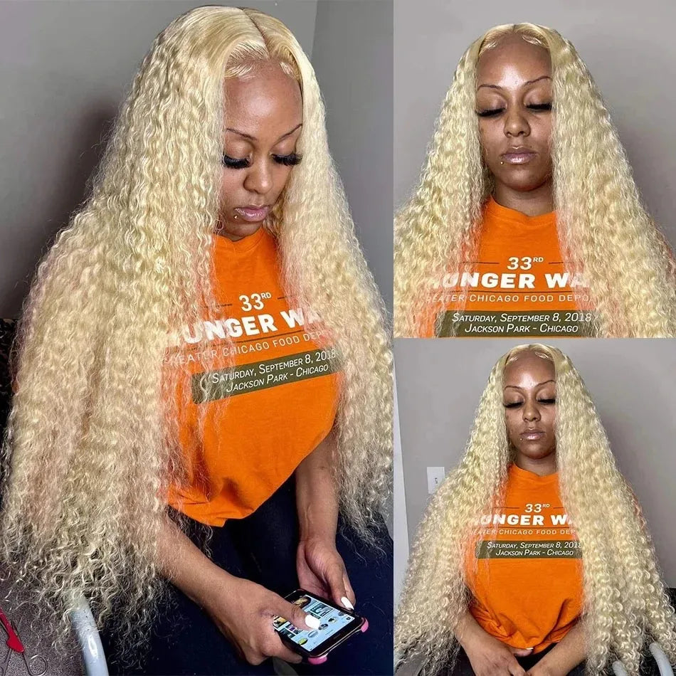 Perruque Lace Frontal Wig 613 HD 13x6, cheveux humains ondulés, 13x4, couleur blonde, bouclés, pour femmes noires