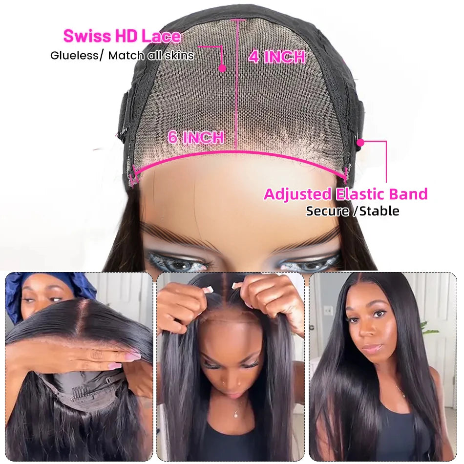 Perruques 100 % sans colle, cheveux humains, prêtes à porter, nœuds décolorés, 6x4, pré-découpées, HD transparentes, sans colle, crépues et bouclées