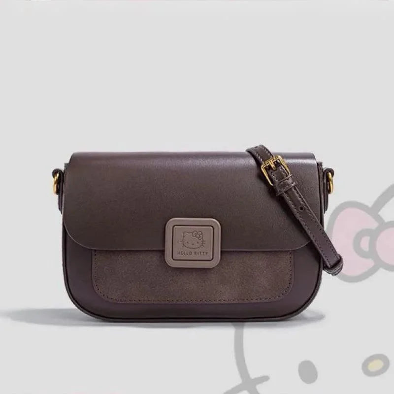 Sanrio Hello Kitty 2025 Nouveau sac à main carré en cuir souple pour femme, petit sac à main polyvalent de luxe marron clair