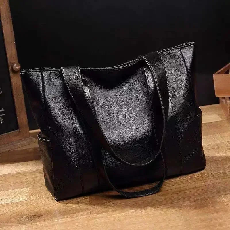 Grand sac cartable en cuir souple pour femme, classique, couleur unie, simple, décontracté, grande capacité, fourre-tout, sac à bandoulière simple