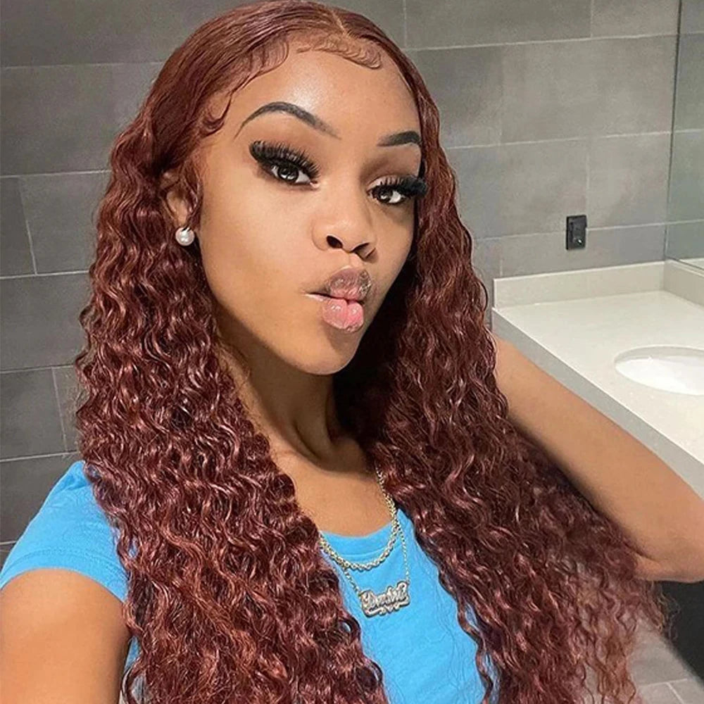 Perruque Lace Frontal Wig 220 % Deep Wave sans colle, cheveux humains bouclés, brun rougeâtre, 13x4, 7x5, pré-épilée, pré-coupée, pour femmes