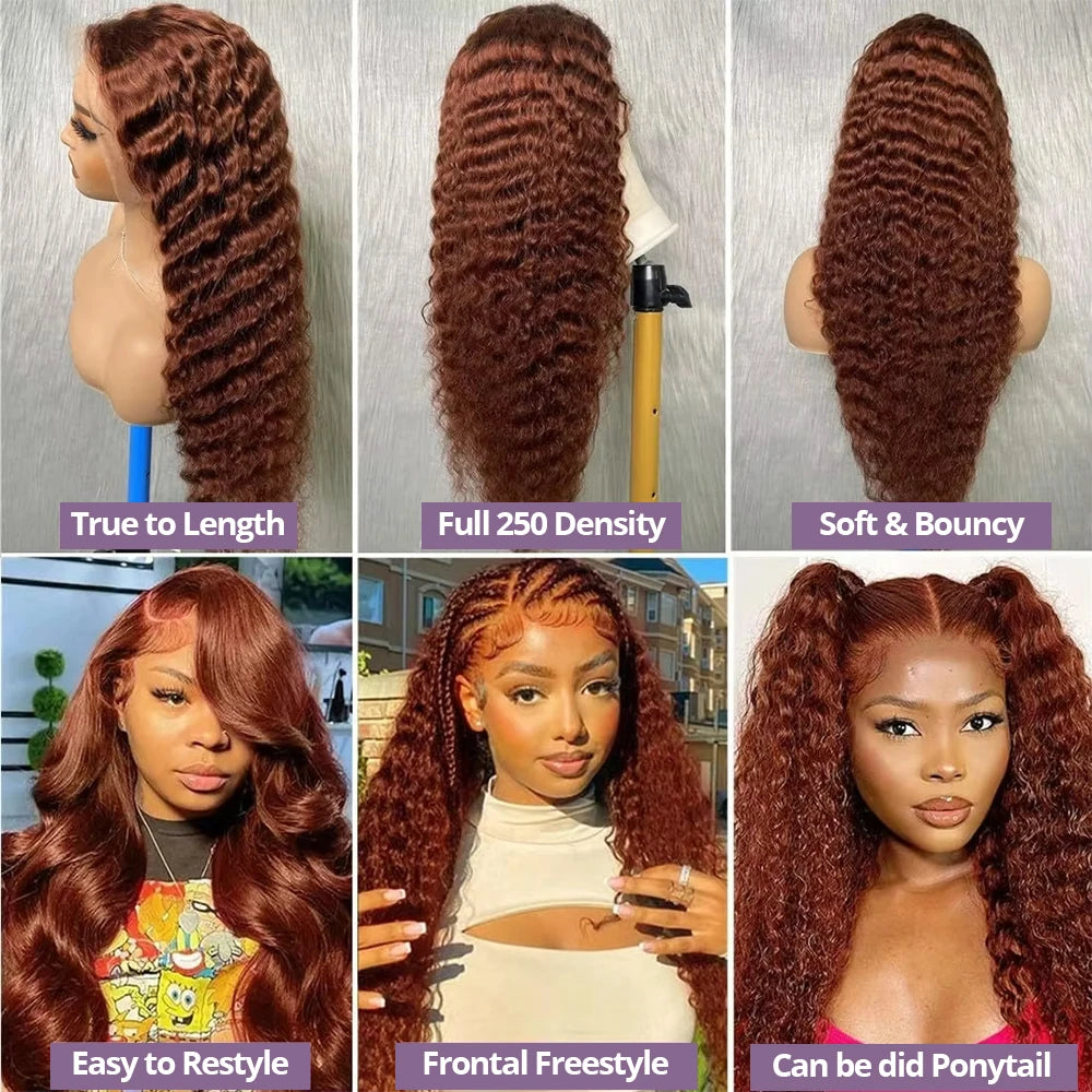Perruque Lace Frontal Wig 220 % Deep Wave sans colle, cheveux humains bouclés, brun rougeâtre, 13x4, 7x5, pré-épilée, pré-coupée, pour femmes